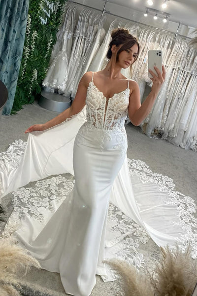 Elegant Mermaid V Neck Elastic Satin Wedding Dress with Appliques AB26060101