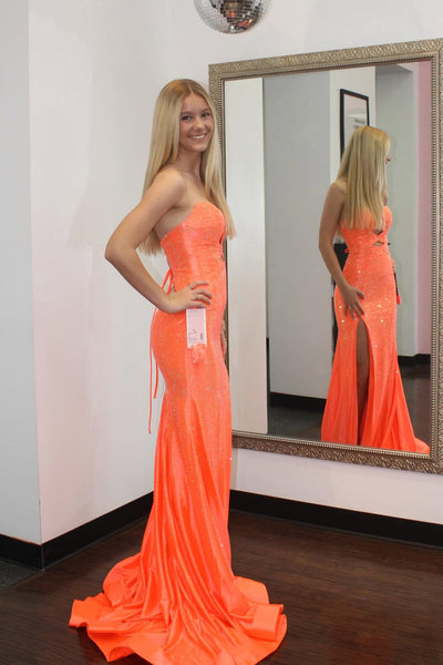 Sparkly Mermaid Strapless Orange Hot Fix Satin Prom Dress with Slit AB26032606