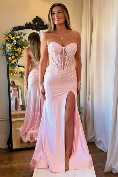 Charming Mermaid Sweetheart Pink Satin Slit Prom Dress with Appliques AB26102801