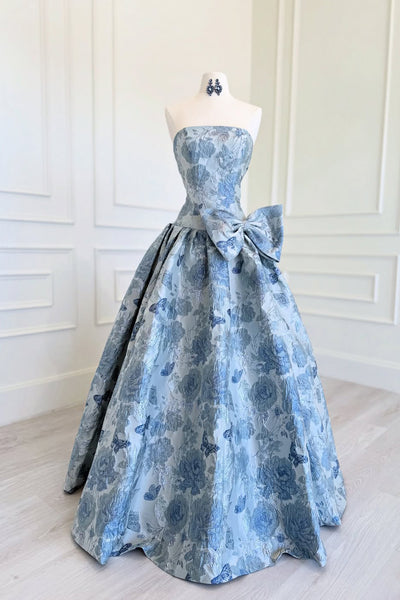 Cute A Line Strapless Jacquard Satin Prom Dress with Bow AB25122208