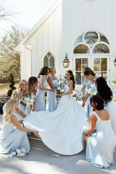 Elegant Sheath Square Neck Light Blue Satin Bridesmaid Dress with Bow AB26032610