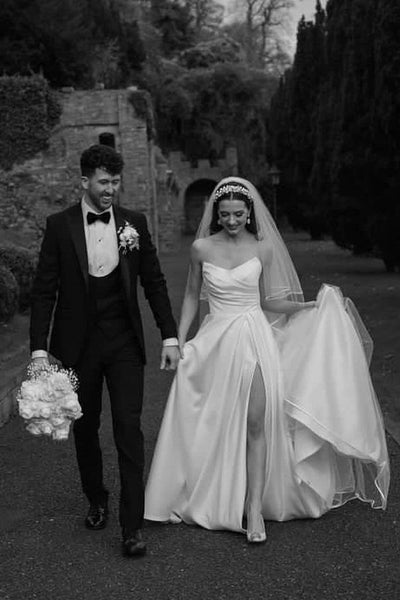 Fairy A Line V Neck Satin Long Wedding Dresses AB24100501