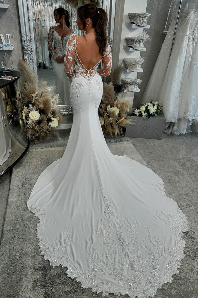 Elegant Mermaid V Neck Satin Long Wedding Dresses with Appliques AB24100909 Anniebride Elegant Mermaid V Neck Satin Long Wedding Dresses with Appliques AB24100909 Anniebride