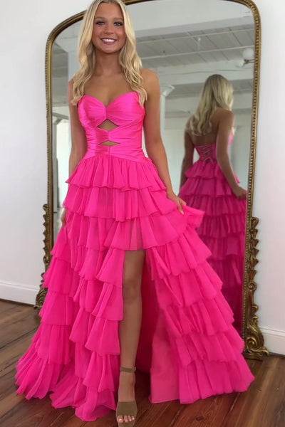 A Line Sweetheart Fuchsia Chiffon Tiered Long Prom Dress AB26031807