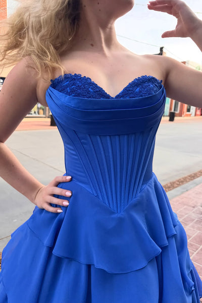 Cute A Line Sweetheart Royal Blue Tiered Chiffon Prom Dress AB26031309