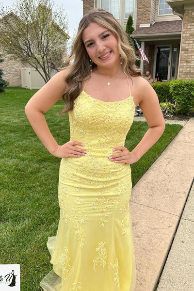Cute Mermaid Scoop Neck Yellow Tulle Long Prom Dresses with Appliques AB061819