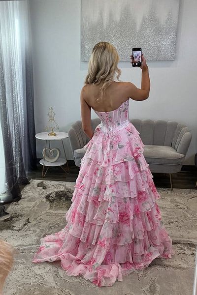 Gorgeous A Line Sweetheart Floral Chiffon Tiered Prom Dress with Appliques AB25112702