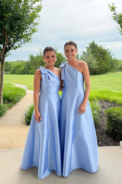 A Line One Shoulder Blue Satin Long Bridesmaid Dress AB260601002