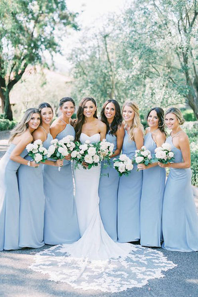 Elegant Sheath Straps Blue Chiffon Long Bridesmaid Dresses ABBD061805