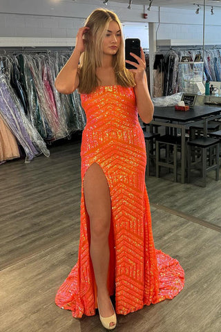Orange Strapless Sequins Mermaid Long Prom Dress with Slit AB4022701