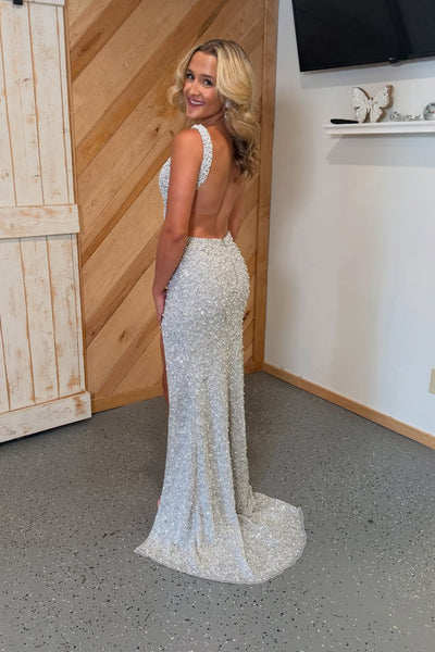 Mermaid V Neck Sequins Long Prom Dress with Beading AB26070514