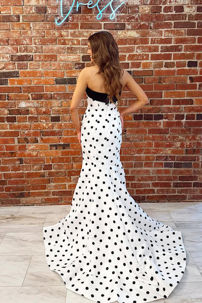 Mermaid Strapless White Black Dot Satin Long Prom Dress AB26022801