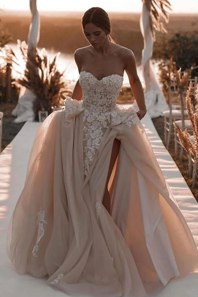 Elegant Ball Gown Sweetheart Dark Champagne Wedding Dresses with Appliques AB24063005 Anniebride Elegant Ball Gown Sweetheart Dark Champagne Wedding Dresses with Appliques AB24063005 Anniebride