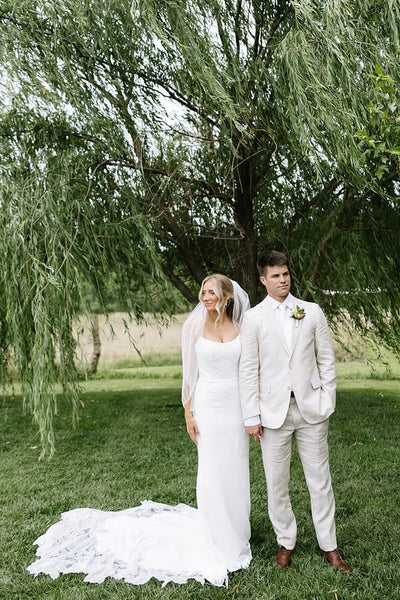 Bohemian Mermaid Scoop Neck Lace Long Wedding Dress with Appliques AB25100601