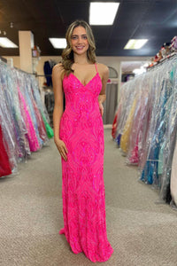 Mermaid V Neck Fuchsia Sequins Appliques Long Prom Dress AB4020603