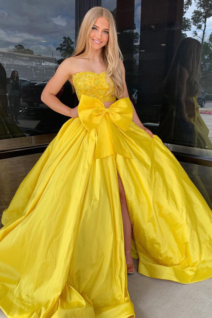 Two Piece Strapless Yellow Satin Long Prom Dresses with Bow AB4030805 Anniebride Two Piece Strapless Yellow Satin Long Prom Dresses with Bow AB4030805 Anniebride