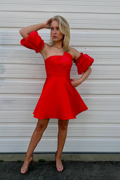 A-Line Strapless Red Satin Short Prom Dresses Cocktail Party Dresses with Sleeves AB25040801