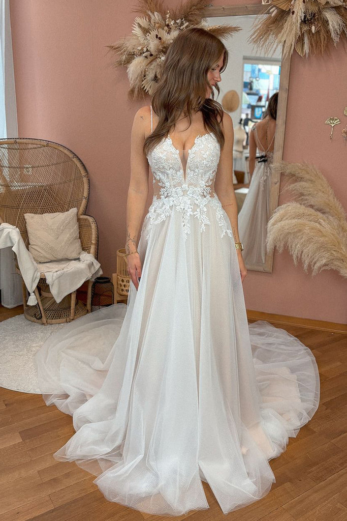 Fairy A Line V Neck Tulle Wedding Dresses AB24102408 Anniebride Fairy A Line V Neck Tulle Wedding Dresses AB24102408 Anniebride