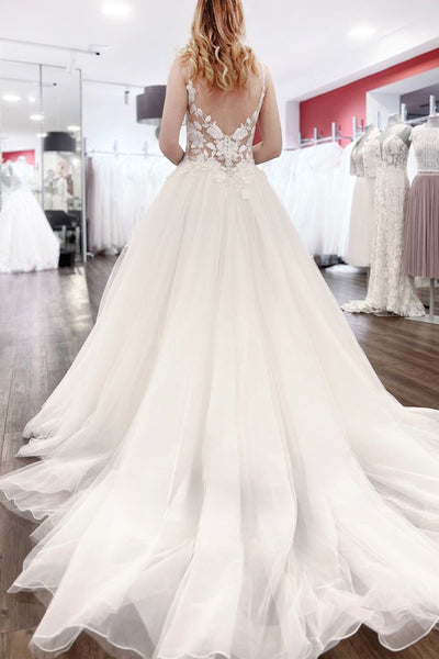 Fairy Ball Gown V Neck Tulle Wedding Dresses with Appliques AB070405