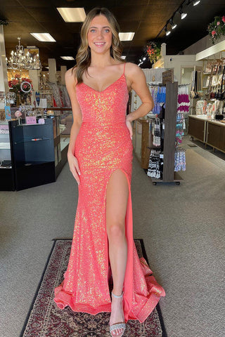 Mermaid V Neck Pink Sequins Long Prom Dress AB4022304