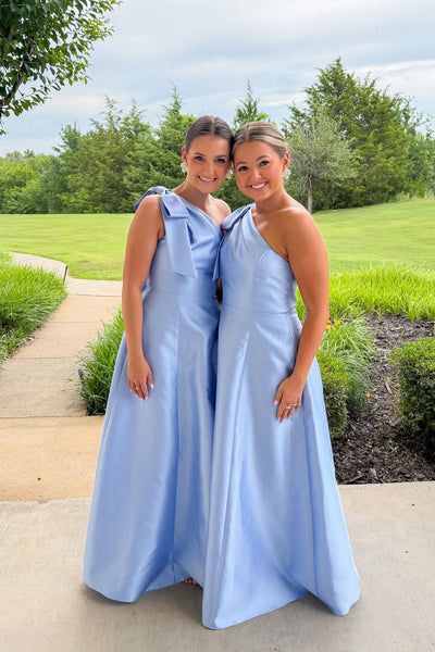 A Line One Shoulder Blue Satin Long Bridesmaid Dress AB260601002