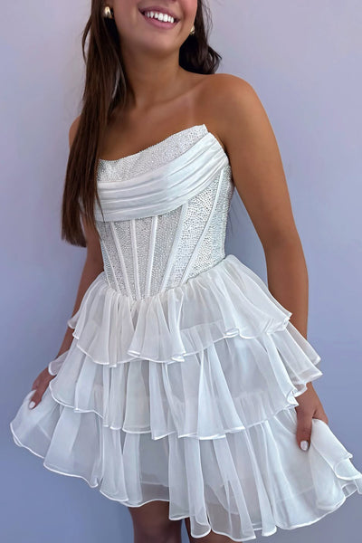 Cute A Line Scoop Neck White Chiffon Tiered Homecoming Dress with Hot Stone Beading AB25073105