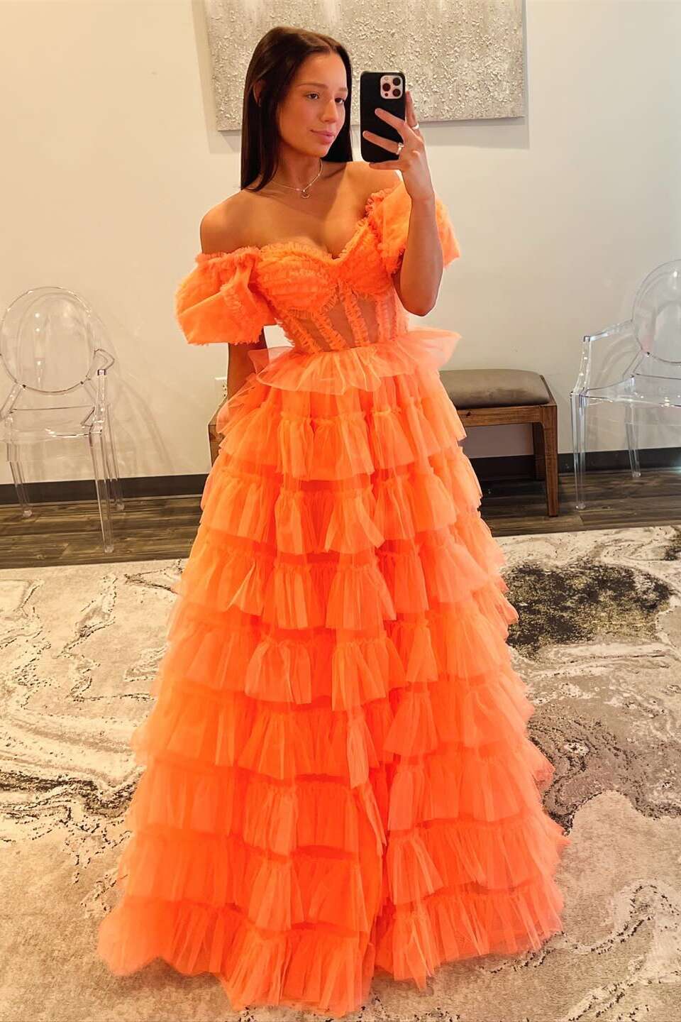 strapless orange dress Ball Gown Strapless Orange Tulle Tiered Prom Dresses with Slit AB24122621 – Anniebride