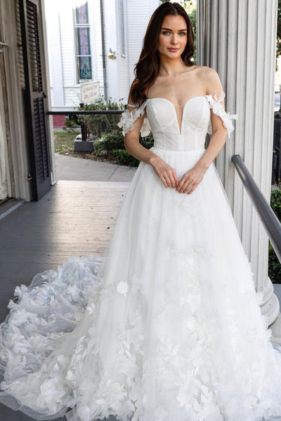 Charming A Line V Neck Tulle Long Wedding Dresses with Appliques ABWD061817