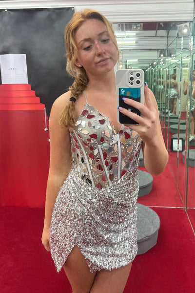 Cute Tight V Neck Dark Green Sequins Short Homecoming Dresses AB24082403