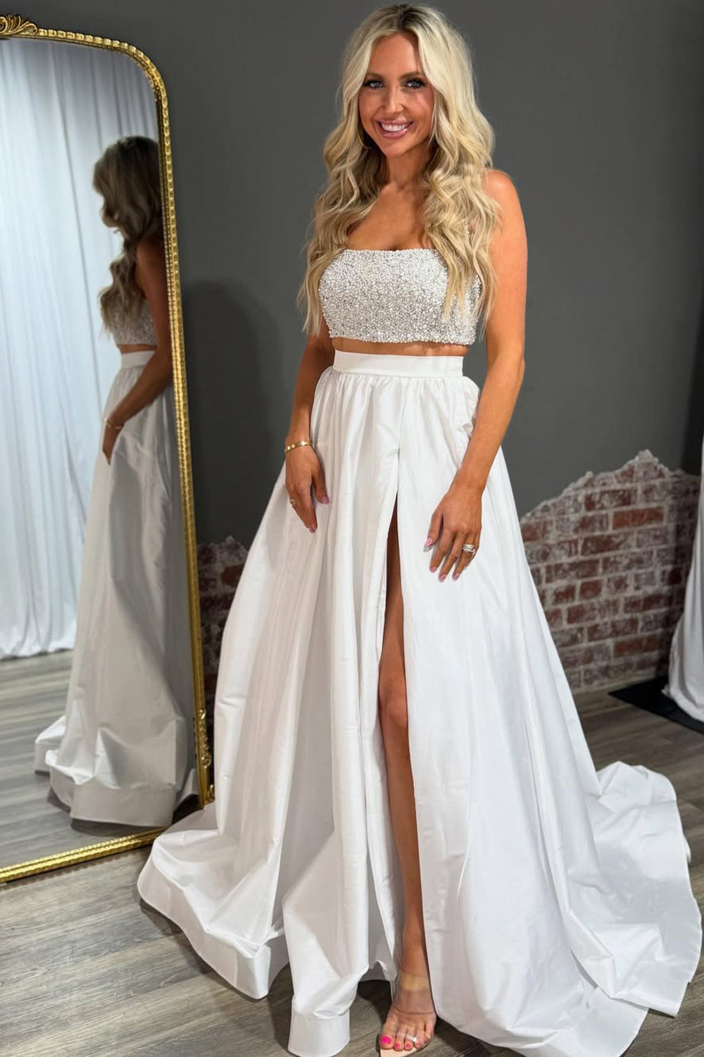 Ball Gown Strapless Two Piece Satin Slit Prom Dress with Beading AB05052904