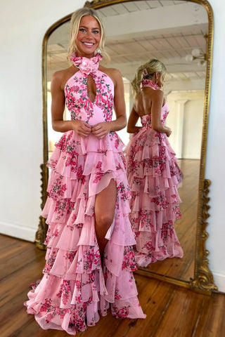 Cute Sheath Halter Floral Printed Chiffon Tiered Prom Dress with Slit AB25010409