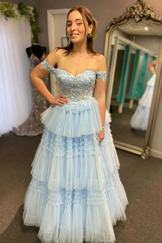 Stunning A Line Off the Shoulder Light Blue Corset Prom Dress with Ruffles Appliques AB4031301