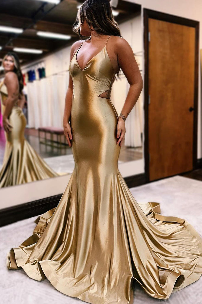 Charming Mermaid V Neck Gold Satin Long Prom Dress AB120203 Anniebride Charming Mermaid V Neck Gold Satin Long Prom Dress AB120203 Anniebride
