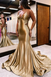 Charming Mermaid V Neck Gold Satin Long Prom Dress AB120203