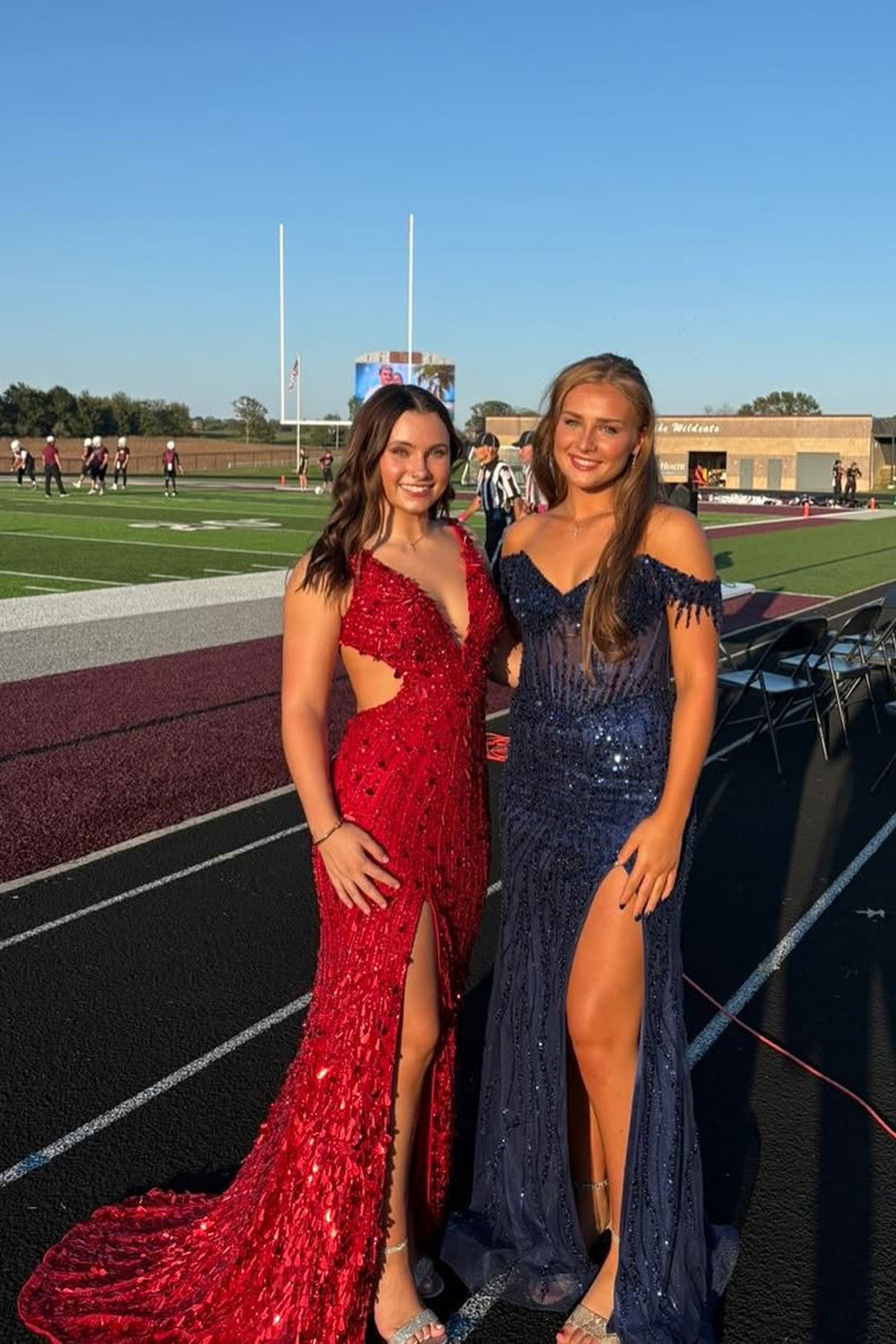 Gorgeous Mermaid V Neck Red Sequins Beading Long Prom Dress with Slit AB25100702
