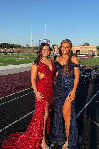 Gorgeous Mermaid V Neck Red Sequins Beading Long Prom Dress with Slit AB25100702