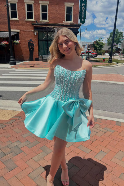 A Line Scoop Neck Mint Satin Homecoming Dress with Beading AB26062802
