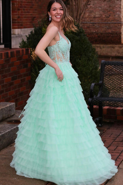 Cute A Line V Neck Mint Tulle Tiered Prom Dress AB120405
