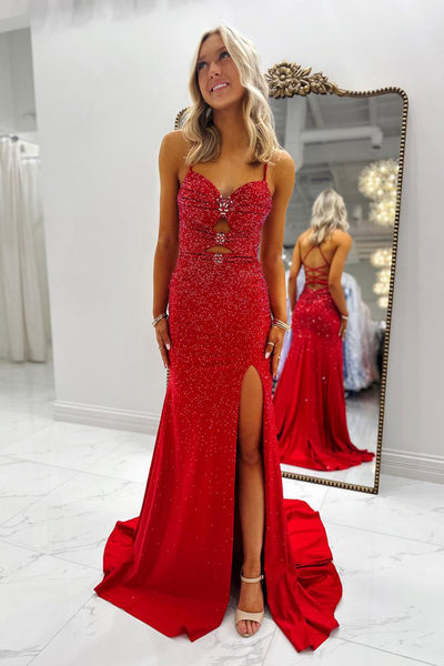 Sweetheart Spaghetti Straps Keyhole Green Long Prom Dress with Slit AB26020901