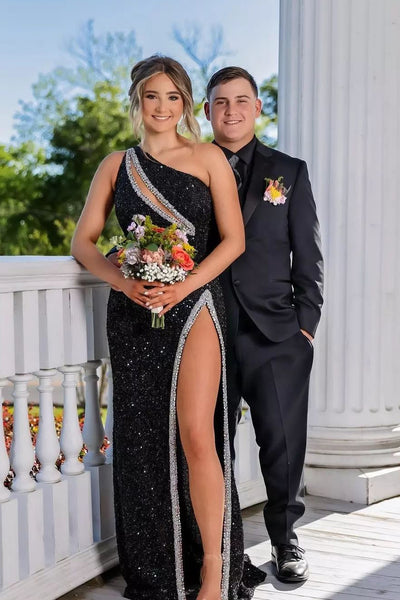 Charming Sheath On Shoulder Black Sequins Long Prom Dresses with Beading AB24102301