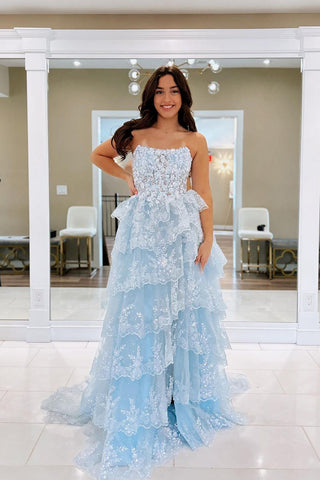 A-Line Strapless Light Blue Sequins Tulle Long Prom Dresses AB4030702