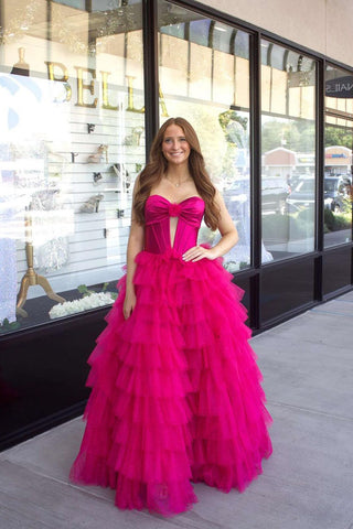 Ball Gown Sweetheart Fuchsia Tiered Tulle Long Prom Dresses AB24081204