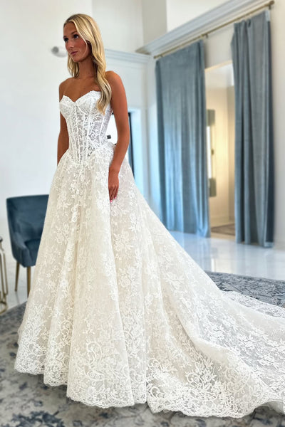 Bohemian A Line Sweetheart Lace Wedding Dress AB25100602