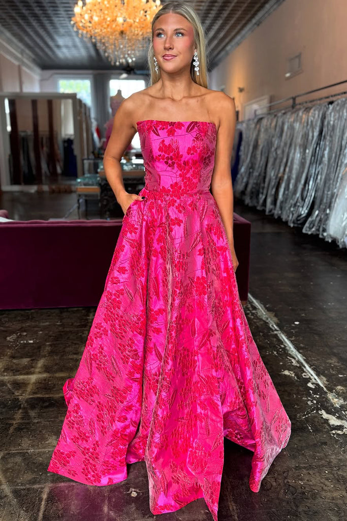 Cute A Line Strapless Fuchsia Jacquard Satin Long Prom Dress with Pockets AB24122007 Anniebride Cute A Line Strapless Fuchsia Jacquard Satin Long Prom Dress with Pockets AB24122007 Anniebride