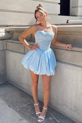 Cute A Line Scoop Neck Light Blue Satin Short Homecoming Dress with Appliques AB25102701