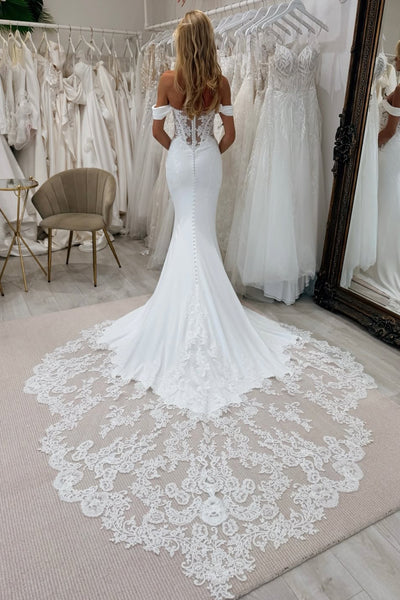 Romantic Mermaid Off the Shoulder Satin Wedding Dress with Appliques AB25092708
