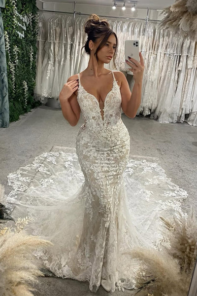 Stunning Mermaid V Neck Lace Wedding Dress with Appliques AB26012913