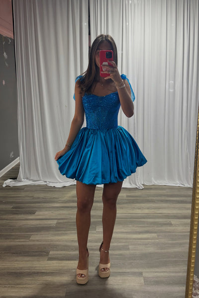 Sparkly A Line V Neck Royal Blue Satin Short Homecoming Dress with Hot Fix AB26070702