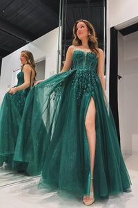 Elegant A Line Spaghetti Straps Green Tulle Prom Dress with Appliques AB4050601