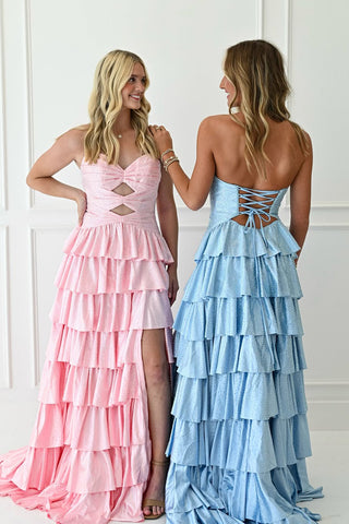 Sparkly A Line Sweetheart Keyhole Pink Tiered Prom Dress with Hot Stone AB25111807